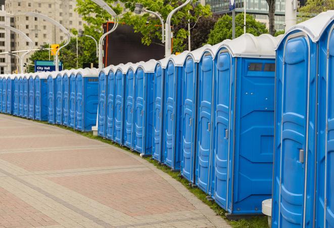 portable restrooms lined up at a marathon, ensuring runners can take a much-needed bathroom break in Altadena CA